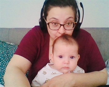 Annette doing some remote teaching with Madeline Olivia Aguilar Alvarado, who she refers to affectionately as her ”pandemic baby”
