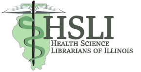 HSLI logo featuring state outline, book, and stylized Caduceusd